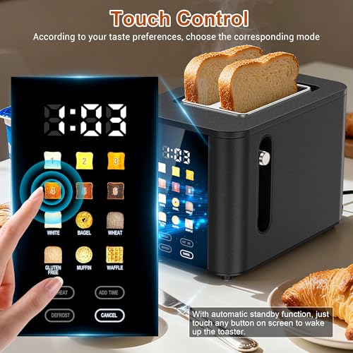 Image of Touch Screen Toaster 2 Slice Black Toaster with Digital Countdown Wide Slot LCD Display 2 Slice Toasters Smart Toasters 6 Shade Settings 6 Bread Type with Reheat /Add Time /Defrost /Cancel Function
