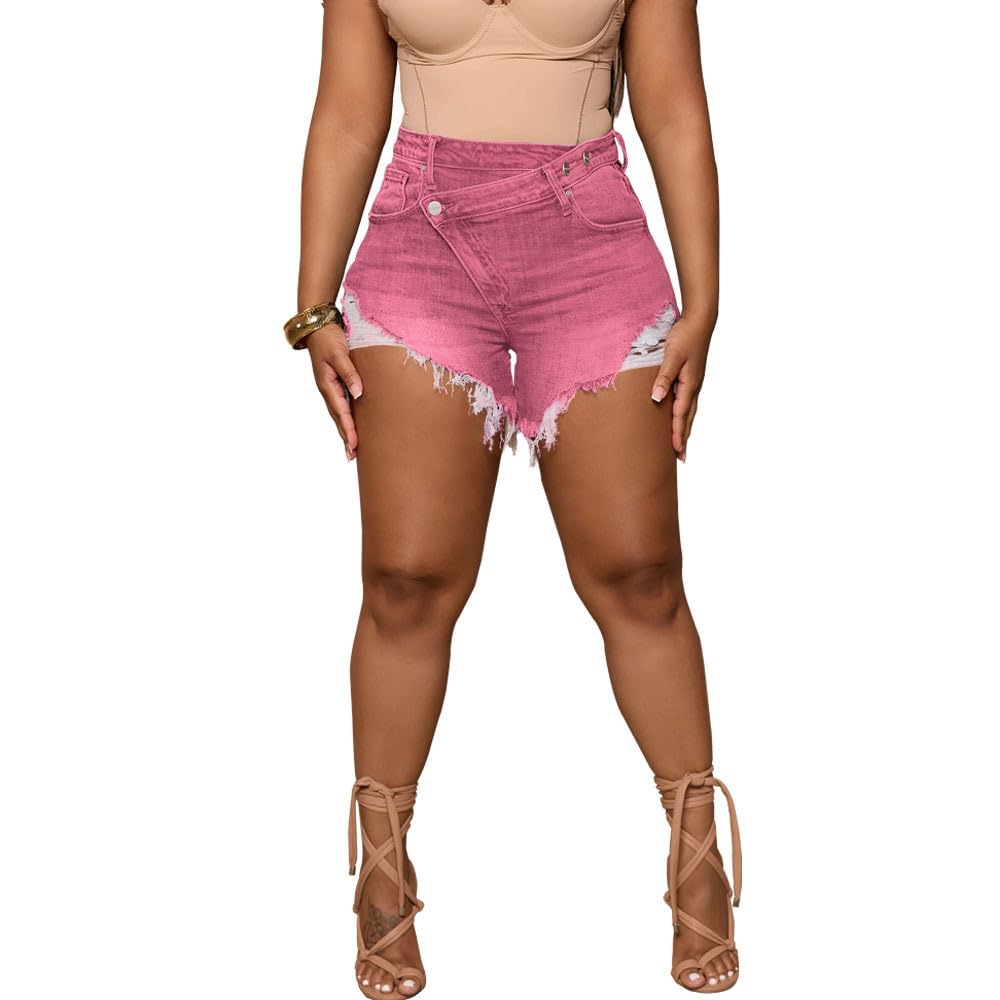 PINSV Women's High Waisted Crossover Jean Shorts Ripped Hem Raw Denim Shorts