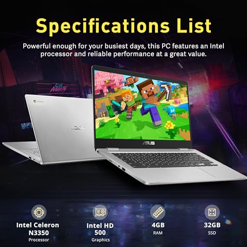 Image of ASUS Chromebook 14 inch HD Laptop, Intel Celeron N3350 Processor, 4GB RAM, 32GB eMMC Flash Memory, Intel HD Graphics, HD Webcam, Stereo Speakers, Chrome OS, Silver (Renewed)