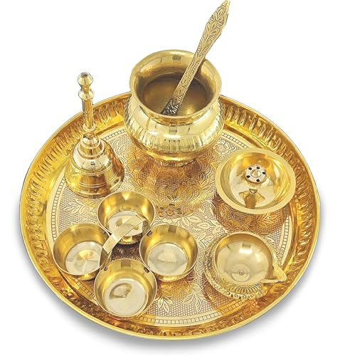 Image of BENGALEN Brass Pooja Thali Set 8 Inch Puja Thali with Pital Plate Kalash Haldi Kumkum Holder Agarbatti Stand Kuber Diya Ghanti Palli Arti Thali for Diwali Home Office Mandir Wedding Return Gift Items