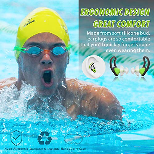 [2 Pairs] Ear Plugs For Swimming, Hearprotek Swim Ear Plugs Adults-Waterproof Silicone Water Earplugs For Men Women Juniors Swimmers Pool Shower Bathing (Green) #TOP3