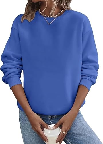 Crewneck Sweatshirts for Women Fall Fashion Casual Long Sleeve Pullover Tops Basic Slim Plain Comfy Shirts Blouses (Blue,X-Large)