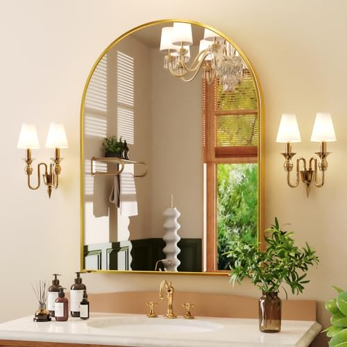 Fixelat Gold Arched Mirror, 20'x30', Arch Bathroom Mirror with Metal Frame, Wall Mounted for Vanity, Entryway, Hallway, Above Sink, Fireplace, Dresser, Nightstand