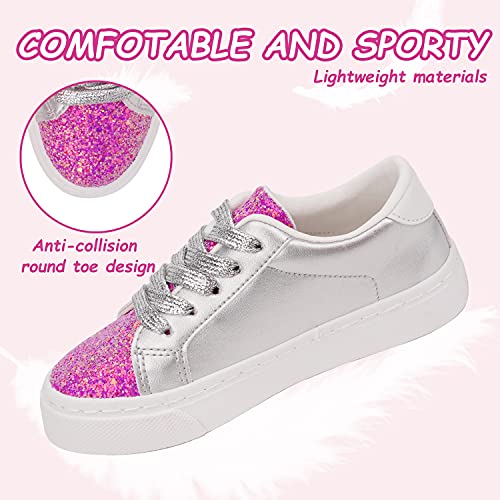 Toandon Toddler Girls Sneakers Shoes Baby Kids Low Top Slip On Lace Up Non-Slip Sparkle Glitter Sequins Sliver Lightweight Rubber Sole Breathable Outdoor Fashion Casual Walking Shoes Pink Size 1 #TOP4
