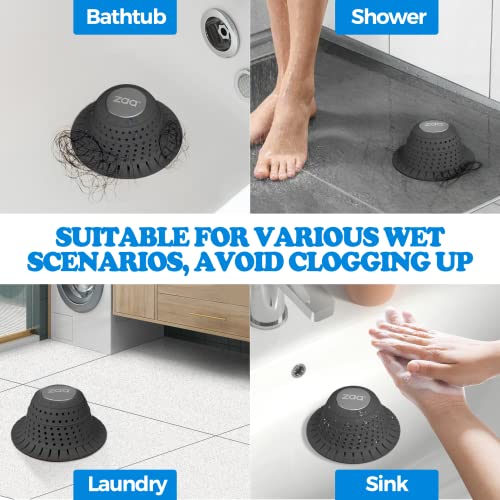 Image of zaa Bathtub Drain Hair Catcher, 2 Pack Silicone Collapsible Bathtub Drain Cover Hair Catcher & Protector for Pop-Up & Regular Drains of Shower, Bathtub, Tub, Bathroom, Sink, Black Black