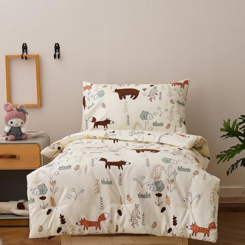 Image of CLOTHKNOW 4Pieces Yellow Animal Toddler Bedding Sets for Boys Girls Kids | 4Pcs Bedding Sets, Cartoon Fox Bear Pattern, Soft Crib Bed Sets