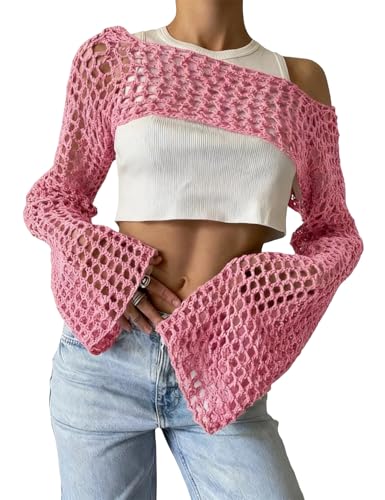 Image of hathne Women's Crochet Crop Top Shrug Y2K Hollow Out Mesh Knit Long Sleeve Sweater, Sexy Beach Bikini Cover Up