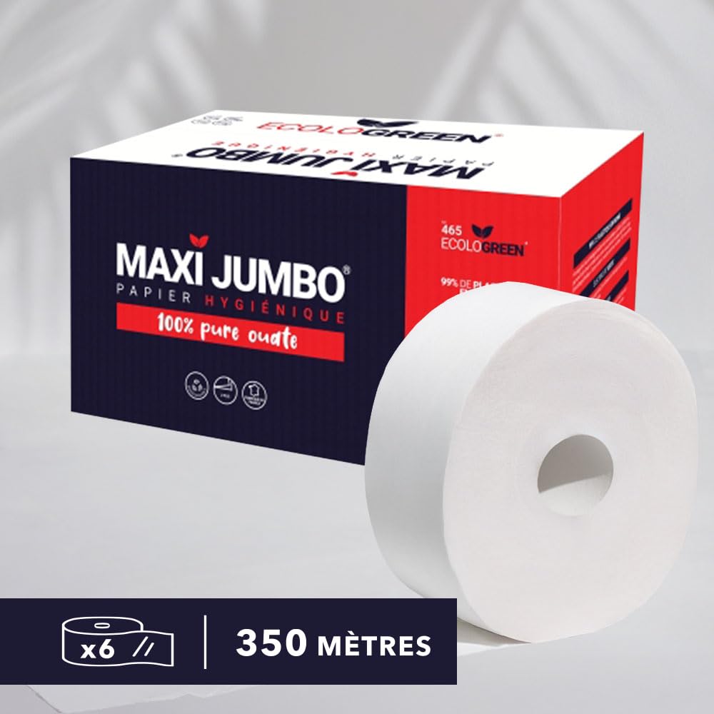 Lot de 6 Rouleaux x 350 m, Papier Toilette Maxi Jumbo 2 Plis, Pure Ouate de Cellulose Blanche, Doux, Résistant, Usage Professionnel-Papergooddeal