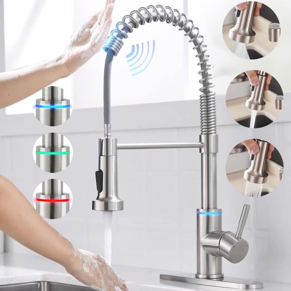 Smart Kitchen Faucet, 3 Modes Pull Down Sprayer, Touch On Sensor Activated, LED Temperature Control, 360-Degree Rotation, 1 or 3 Hole Deck Plate. 10-Year Warranty. (KW-66SN, Brushed Nickel)