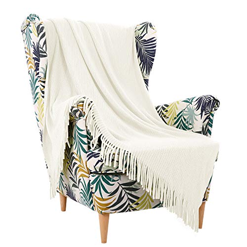 JUDYBRIDAL Acrylic Knitted Blanket Throw Soft and Lightweight Fringed Blanket for Travel, Sofa, Couch, Bed, Indoor Decorations, 49 x 59 Inches,Beige Striped