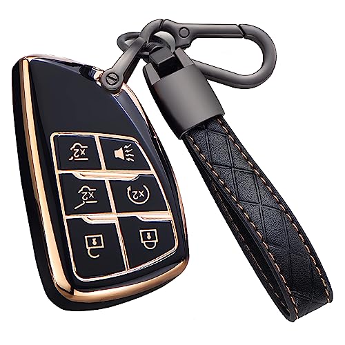 Cacacar Key Fob Cover for Chevy GMC with Keychain Tahoe Suburban Equinox Traverse Yukon Denali Terrain Buick Envision Premium Soft TPU Case (6 Buttons Black)