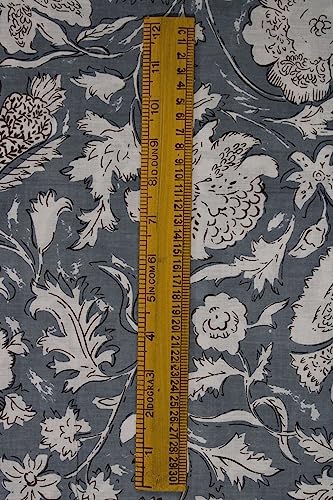 Image of Indian Hand-Block Printed Jaipuri Flower Print Floral Ethnic Sanganer Kurti Print Cotton Fabric (3 Yards, White Gray Flower)