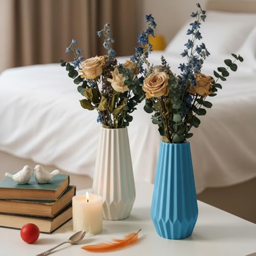 Image of TrustBasket Serene Flower Vase Blue & White Set of 2, Modern Decorative Table Accent for Living Room, Bedroom & Dining Table, Durable Plastic Floral Display for Home & Office Decor