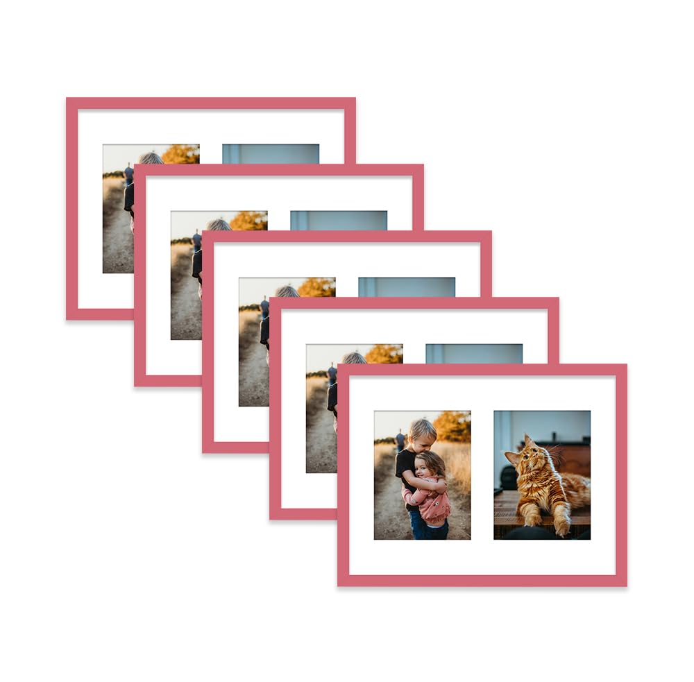 Pink Multi Photo Frame - Holds 2 x 8x6 Pictures, Family Collage Picture Frame for Wall Display, 16x12 Frame size, Set of 5
