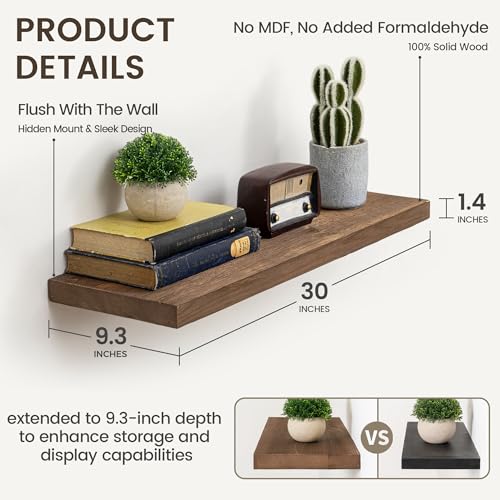 Image of Marsmiles 30 Inch Floating Shelves | 9.3 Inch Deep Dark Wood Shelves Set of 2 | 36''W x 9.3''D Wood Shelves with Invisible Brackets for Farmhouse Living Room Bathroom