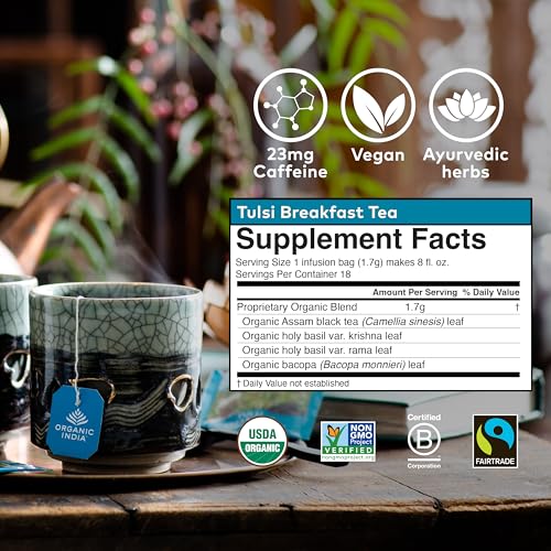 Image of Organic India Tulsi Breakfast Herbal Tea - Holy Basil, Stress Relieving & Awakening, Immune Support, Adaptogen, Vegan, USDA Certified Organic, Non-GMO, Caffeinated - 18 Infusion Bags, 1 Pack