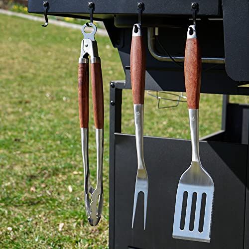 grillart® Premium Grillbesteck Set, 3-teilig aus hochwertigem Edelstahl und edlen Holzgriffen – Grillzange, Grillwender und Grillgabel mit extra langem Griff – das ideale Grillzubehör