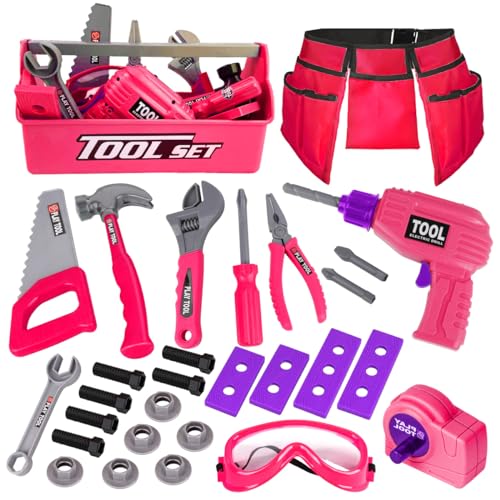 LOYO Kids Tool Set - 30Pcs Pretend Play Tool Toys with Kids Tool Belt, Electric Toy Drill, Construction Tool Box Kit Kids Toys Gift for Girl Boys Age 3 4 5 6 Years OldPink