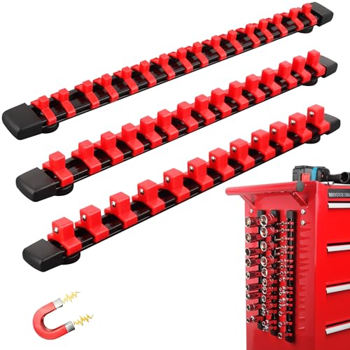 ULIBERMAGNET Magnetic Socket Organizer,3-Piece Magnetic Socket Holder Heavy Duty Drive Socket Clip Holder Kit for Tool Box,Tool Carts,1/2,3/8,1/4-Inch 43 Sockets(Sockets Not Included)