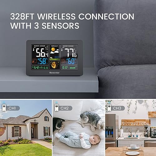 Image of Newentor Weather Station Wireless Indoor Outdoor Thermometer, Black,3Sensor