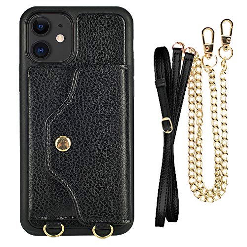 LAMEEKU iPhone 12 Mini Crossbody Wallet Case, iPhone 12 Mini Slim Card Holder Phone Case with Wrist Strap for Women Men, Camera Protective Leather Cover Purse for iPhone 12 Mini, 5.4 inch(2020)-Black