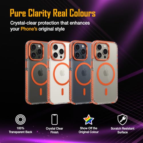 Image of Zapcase Crystal Clear Back case for iPhone 15 Pro | PC Back | TPU Bumper with Inner Rubber Grip | Metal Camera Guard Bezel | Metal Buttons | Scratch Resistant Cover | 2 Layer Edge Protection | Orange