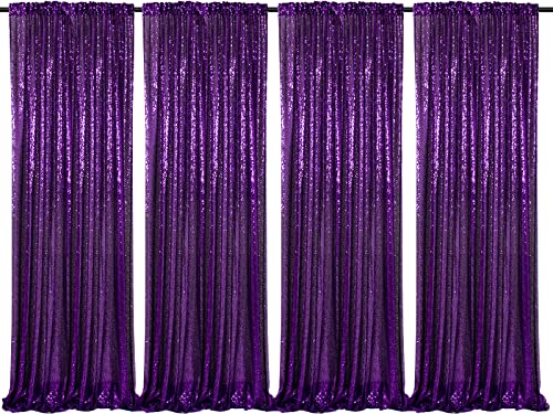 Image of Purple Sequin Backdrop Curtain 4 Pcs 2ftx8ft Sparkly Glitter Wedding Party Photography Background Drapes for Birthday Prom Decoration Christmas Party Decoration