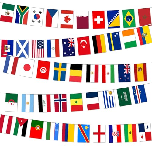 World Football Cup Flags Bunting 48 Teams Flags Double Sides Fabric Banner 48 Flags World Football Cup Tournament Party Decorations Football Party Decoration for Home Bar Club Decor