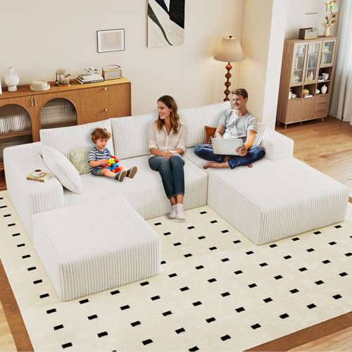 Image of 96 inch U-Shape Cloud Couch, Modern Modular Sectional L-Shape Sofa with Ottoman, Corduroy Upholstered Couches Deep Seat Sleeper Chaise Longue for Living Room, No Assembly Required(White, Right Facing)