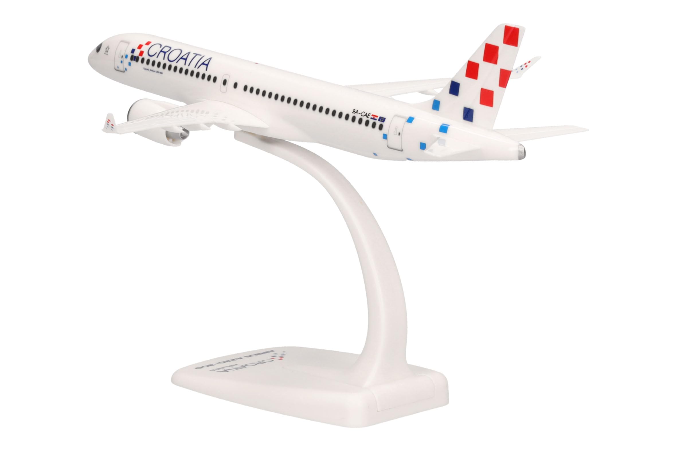 Herpa Snap-Fit Modellflugzeug Croatia Airlines Airbus A220-300 - 9A-CAE Zagreb, Miniatur im Maßstab 1:200, Sammlerstück, Modell mit Standfuß, Kunststoff