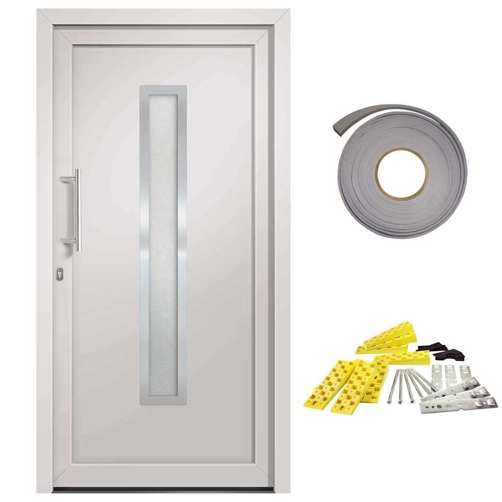 Drzwi wejściowe, białe, 98 x 200 cm | Próg aluminiowy, zawiasy 3D, 5 blokad głowicy grzybkowej, oszklenie izolacyjne, kompletny zestaw do montażu