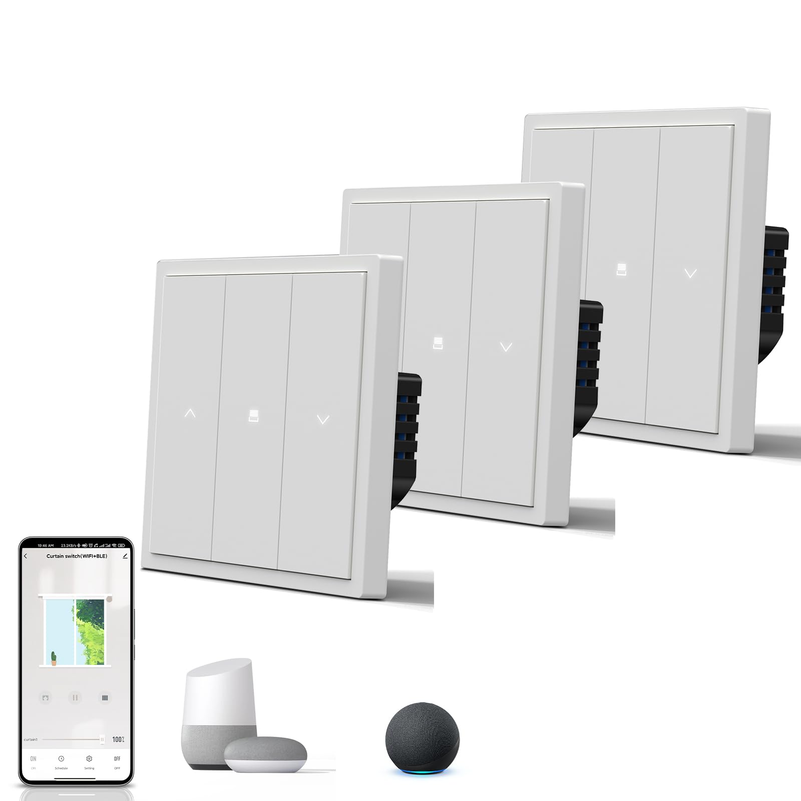 BSEED Interruttore intelligente per tapparelle, opaco, interruttore WiFi con spia di controllo, interruttore a incasso, serie S, 86 mm, bianco, confezione da 3