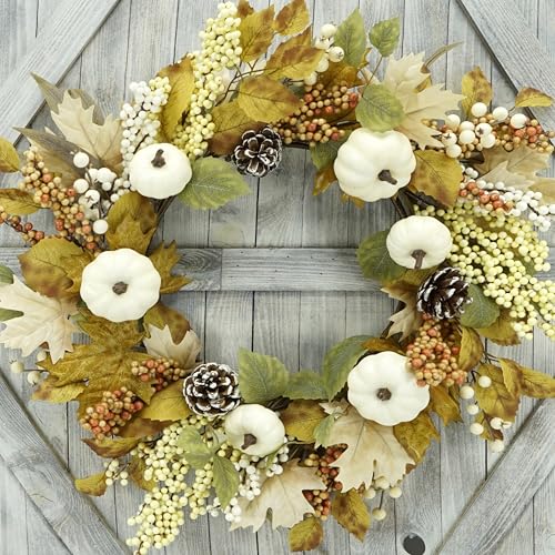 22’’ Artificial Fall Wreath Autumn Door Wreath with Pumpkin,Maple...