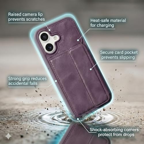 Image of amazon basics Luxury Vegan Leather Back Cover for iPhone 16 | Built-in Card Holder Slot | Integrated Mobile Stand | Slim Shockproof Protective Case with Stitched Finish - Purple