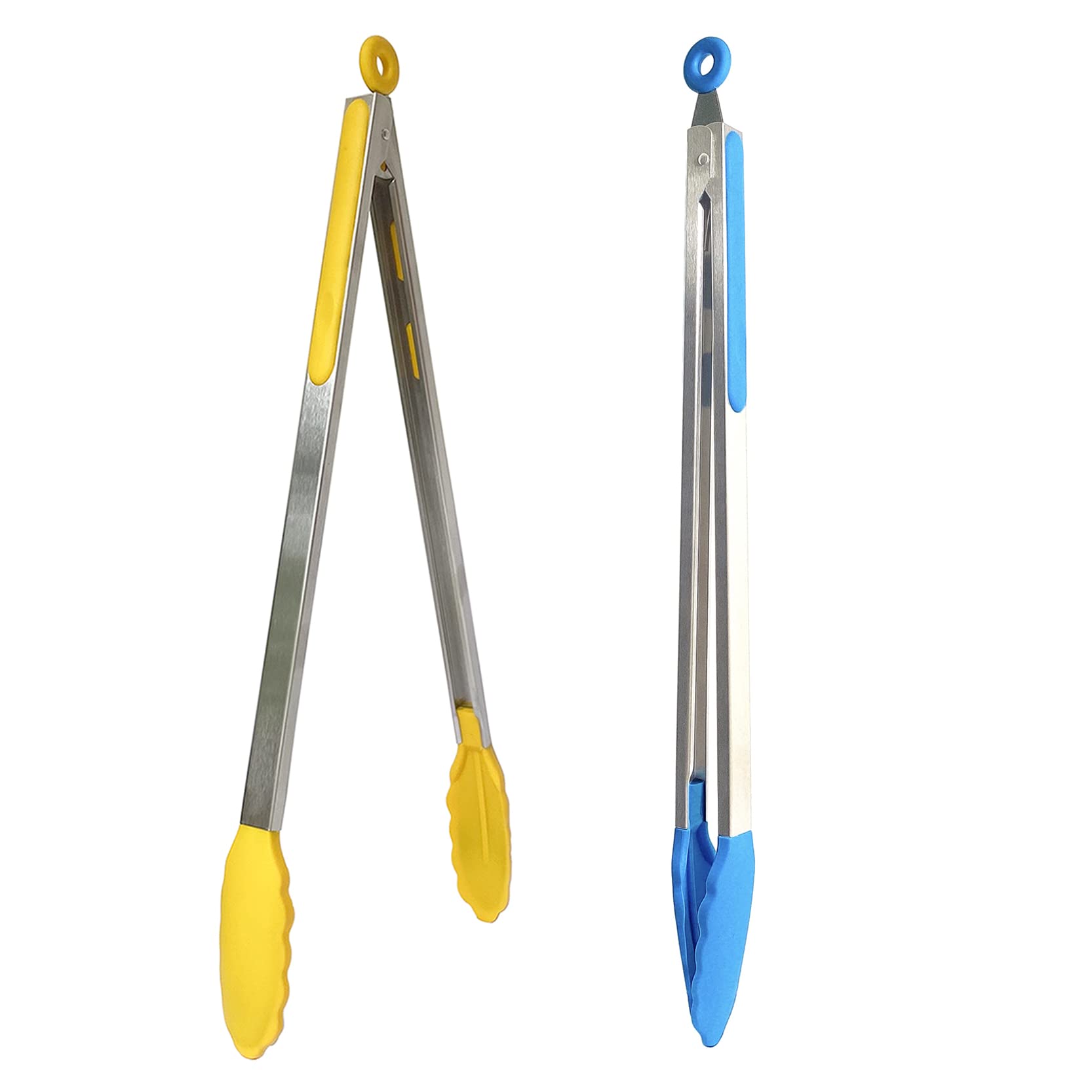 UPTALY 18'' Extra Long Grill Tongs (1 pcs Yellow, 1 pcs Blue), with Silicone Heads,Stainless Steel Barbecue Tongs with Long Handle, Large Sized Food Tong, Thicken Steak Tongs, Extended Serving Tong