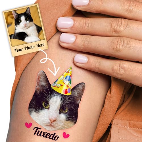 Image of Custom Cat Face Temporary Tattoos | Personalized Pre-Cut Photo, Birthday Hat and Cat Name or Text, Set of 20, Funny Party Favors, Cat Lovers