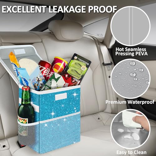 Image of Car Trash Can for Car, Cute Mini Car Trash Bag with Lid, Glitter Car Garbage Can Bin Hanging for Back /Front Seat /Console, Waterproof, Leakproof, 2.5 Gallon, Blue Bling Sparkly
