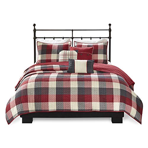 Madison Park Reversible Quilt Cabin Lifestyle Plaid Design - All Season, Breathable Coverlet Bedspread Bedding Set, Matching Shams, Full/Queen(90"X90"), Red 6 Piece #TOP7