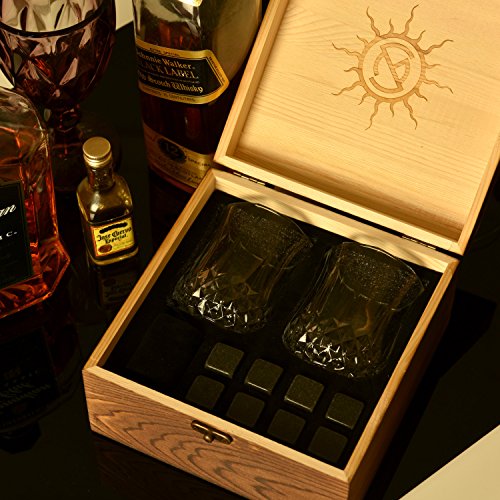 Whiskey Stones Gift Set Of 8 With Fancy, Beautiful Polished Granite Whiskey Rocks. 2 Deluxe Crystal Whiskey Glasses, Felt Carry Bag, Quality Wooden Gift Box. Whiskey Glass Set Keeps Drinks Cold & Pure #TOP3