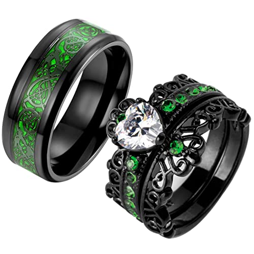 Couple Rings Black Plated Heart Blue Cz Womens Wedding Ring Sets Crown Ring Titanium Man Wedding Bands（Please Buy 2 Rings for 1 Pair）