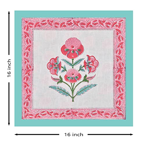 Image of BLOCKS OF INDIA Hand Block Printed Cotton Linen Cushion Cover (16 X 16 Inches) (Green Pink Motifs), 250 TC