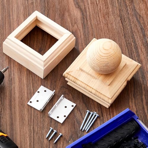 Image of Hosuly 4x4 Wood Newel Post Cap and Mounting Kit, Cedar Finial with Ball Top and L-Bracket Fasteners for Installing Decorative Railings on Stairs, Decks, and Floors