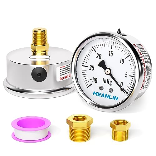 Image of MEANLIN MEASURE -30inHG~0Psi Stainless Steel 1 /4 inch NPT 2.5 inch FACE DIAL,Vacuum Liquid Filled Pressure Gauge,Single Scale, Water Oil Air Back Mount, with 1 /2 inch NPT and 3 /8 inch NPT Hex Bushing