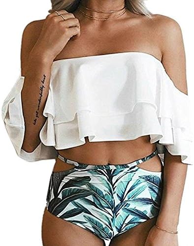 MOONOO Women Generous Sexy Fashion Beach Floral Print Flounce Two Piece Swimsuit High Waist Ruffled Bikini