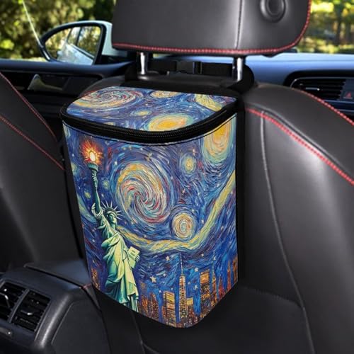 Image of Statue of Liberty Print Car Accessories Back Seat Multipurpose Car Trash Can with Lid, Leak Proof Waterproof Hanging Car Garbage Can for Road Trip Travel