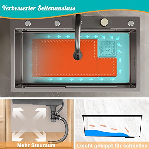 Küchenspüle Spülbecken Schwarz Raindance Wasserfall Spüle, Einbauspüle 75 x 45 cm Küchenspüle 304 Edelstahl mit Wasserhahn Glasspüler und Schneidebrett, 1 Becken