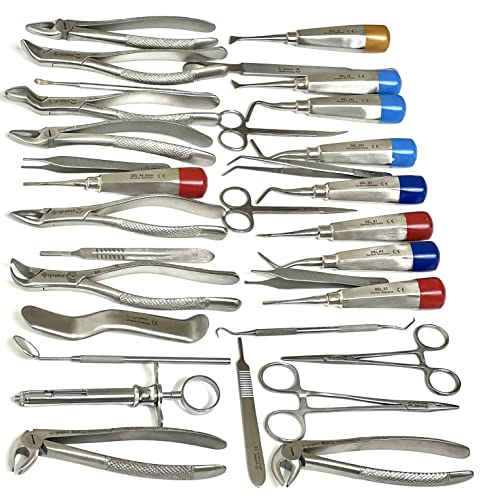 ARTLAB-Premium German Dental Extraction Extracting Forceps,Extracting Elevators Dental,Needle Holder,Scissors,Syringes,Dental Instruments Tool Kit (Set of 32 Each)