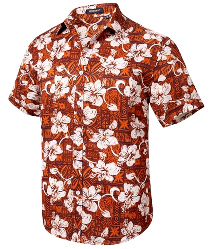 HISDERN Mens Floral Hawaiian Shirt Summer Tropical Shirts Short Sleeve Funky Shirt Aloha Beach Shirts for Hawaii Holiday Orange L