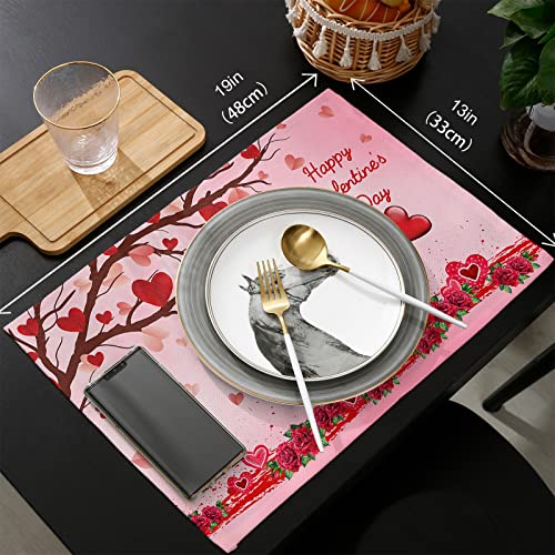 Happy Valentine's Day Placemats Set Of 6, Cotton Linen Heat Resistant Table Mats Non-Slip Cute Gnomes Love Heart Shape Tree Rose Flowers Placemat For Holiday Banquet Kitchen Table Decor #TOP5