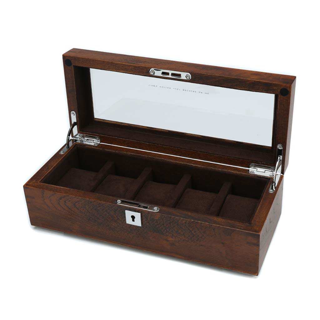 Caja de almacenamiento de relojes, vitrina de madera para 5 relojes, caja de colección de joyas con cerradura y cubierta de cristal, perfecta para hombres y mujeres, 30 x 12 x 10 cm